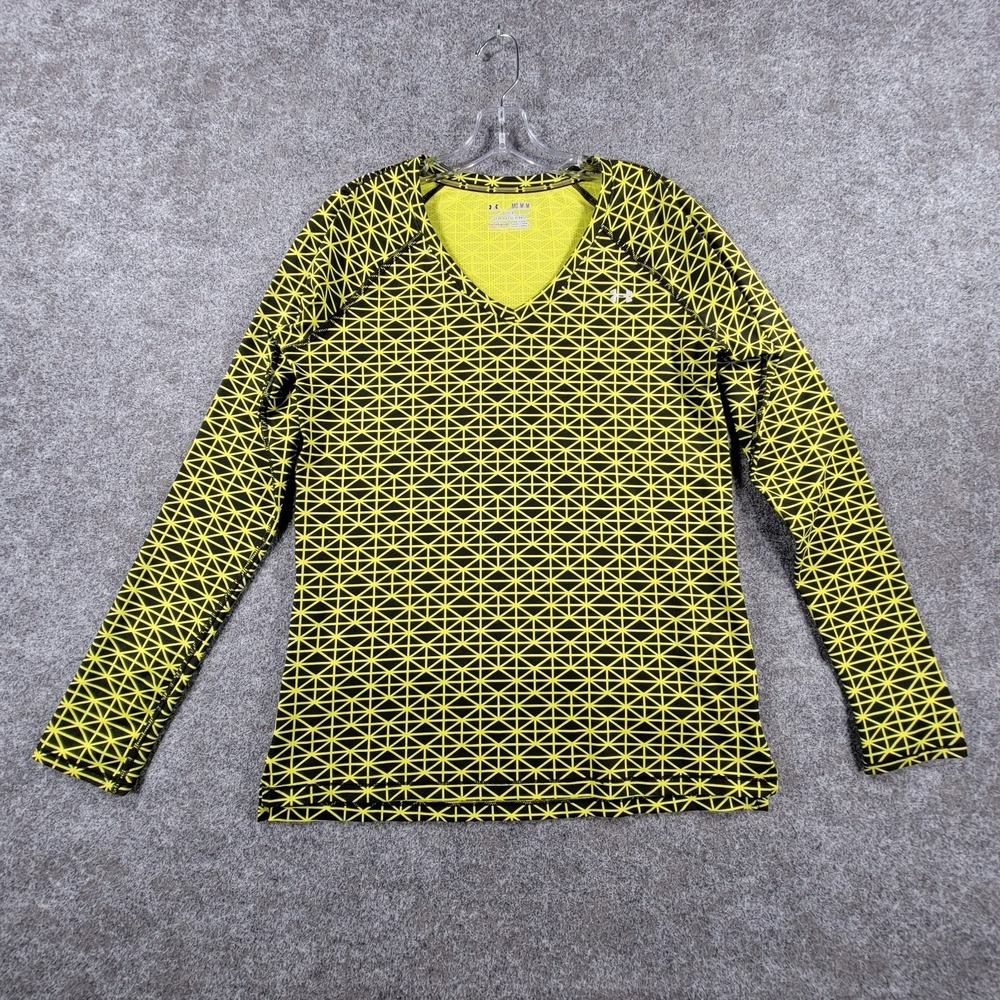 Under Armour HeatGear Fitted T-Shirt Womens M Black Yellow Long Sleeve V-Neck